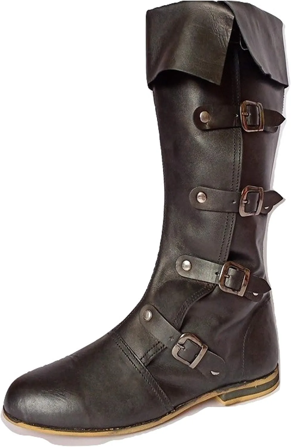AnNafi Medieval Leather Boots 4 Buckle | Renaissance Loafer Long Boot Pirate Costume Viking Mens Shoes SCA LARP Riding