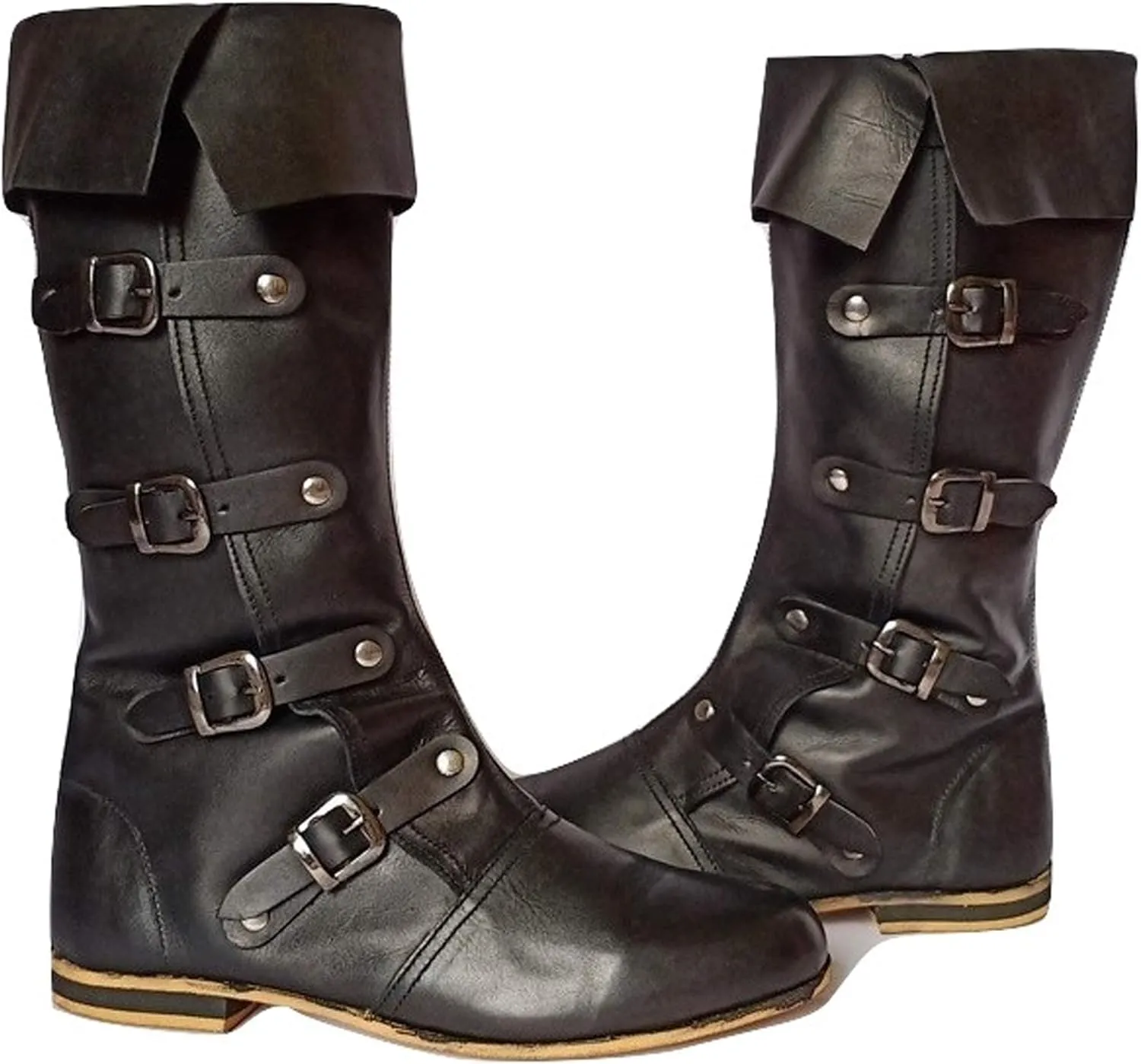 AnNafi Medieval Leather Boots 4 Buckle | Renaissance Loafer Long Boot Pirate Costume Viking Mens Shoes SCA LARP Riding
