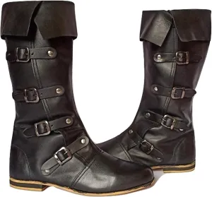 AnNafi Medieval Leather Boots 4 Buckle | Renaissance Loafer Long Boot Pirate Costume Viking Mens Shoes SCA LARP Riding