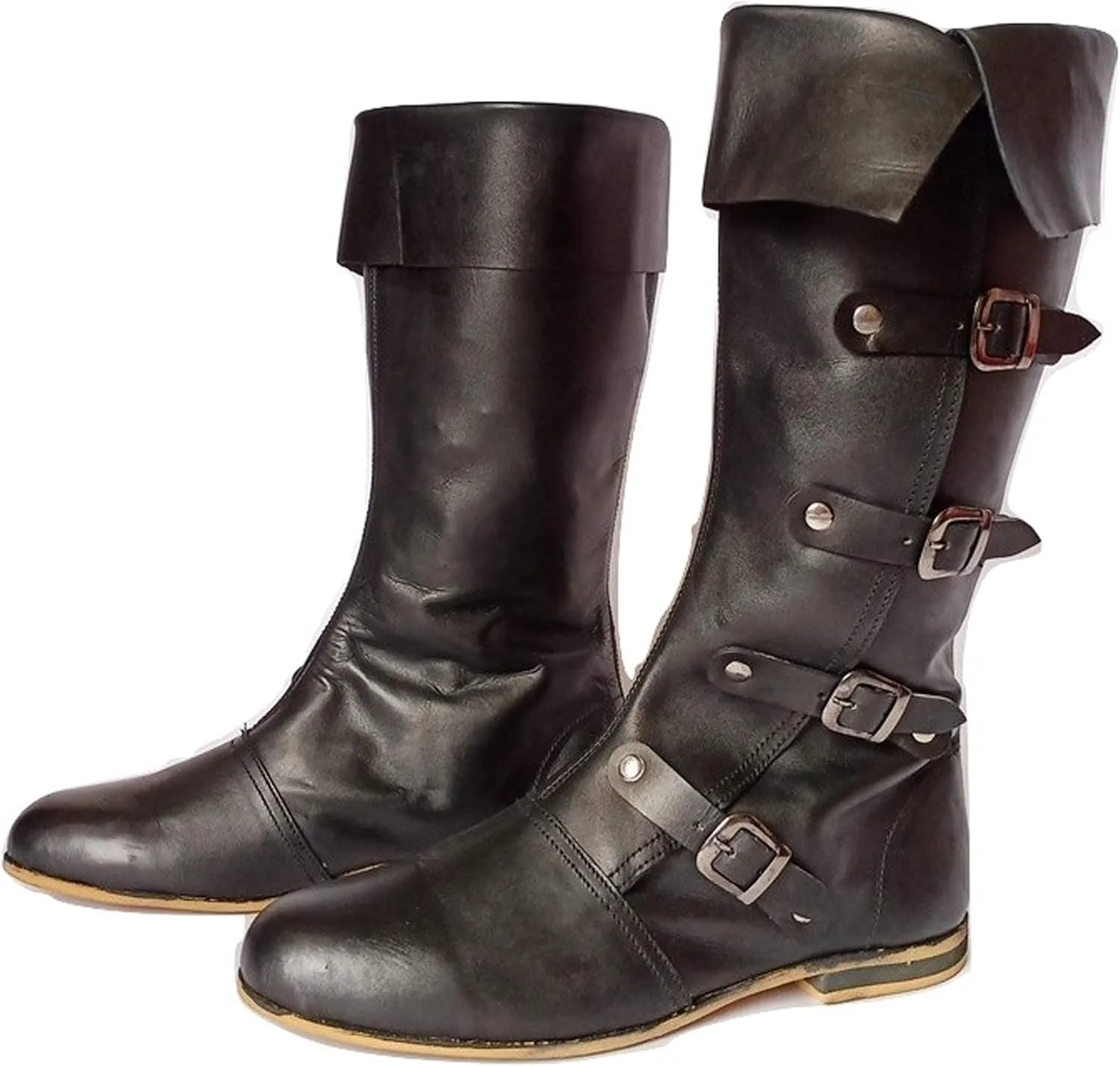 AnNafi Medieval Leather Boots 4 Buckle | Renaissance Loafer Long Boot Pirate Costume Viking Mens Shoes SCA LARP Riding