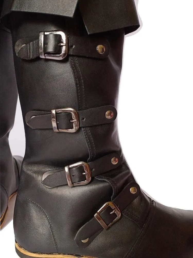 AnNafi Medieval Leather Boots 4 Buckle | Renaissance Loafer Long Boot Pirate Costume Viking Mens Shoes SCA LARP Riding