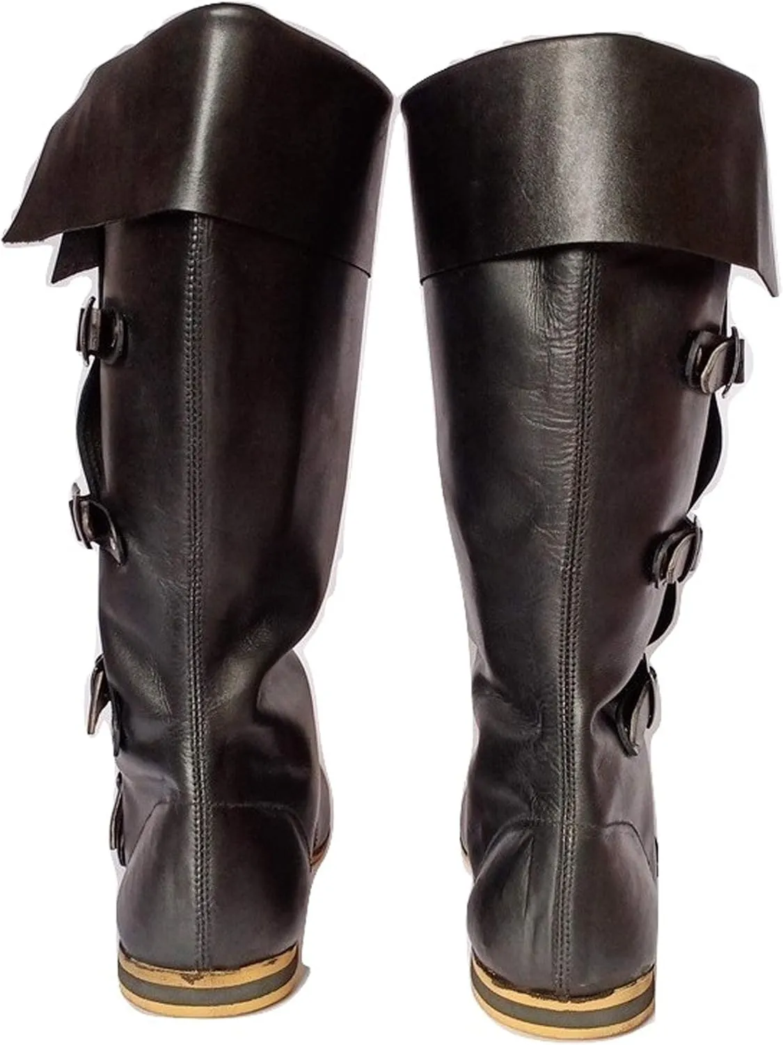 AnNafi Medieval Leather Boots 4 Buckle | Renaissance Loafer Long Boot Pirate Costume Viking Mens Shoes SCA LARP Riding
