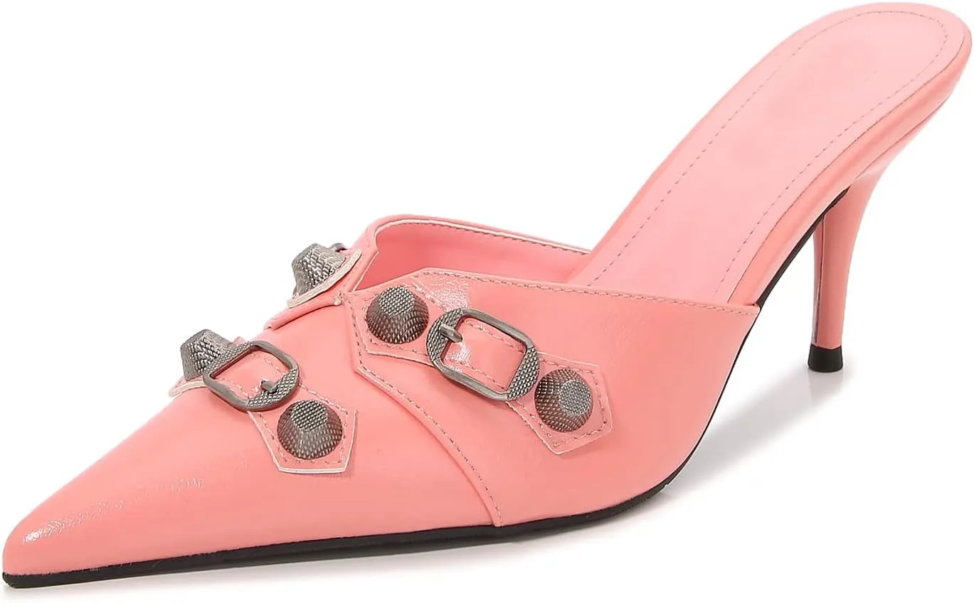 Arqa Heel Mules for Women,Rivet Studded 3.9 Inch Stiletto Heel Slippers