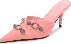 Arqa Heel Mules for Women,Rivet Studded 3.9 Inch Stiletto Heel Slippers