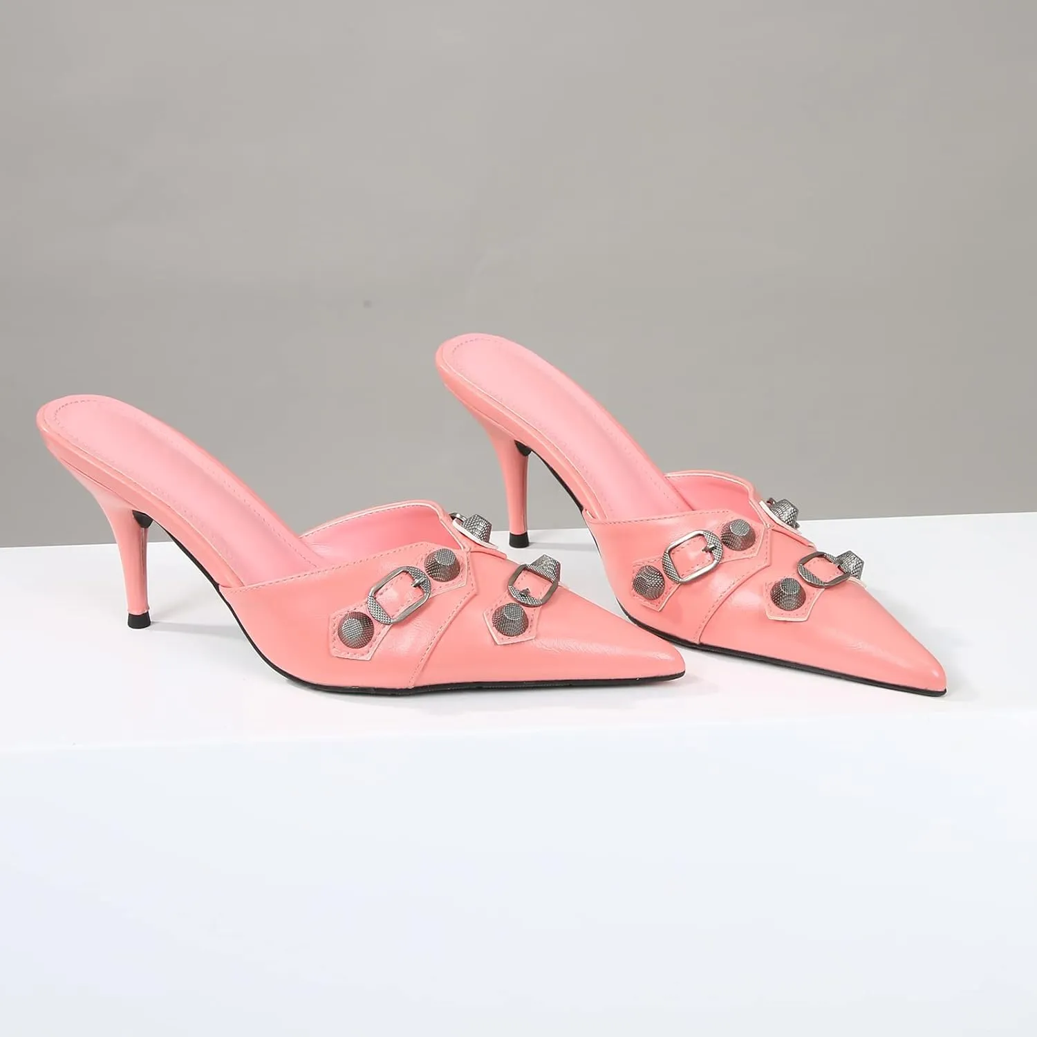 Arqa Heel Mules for Women,Rivet Studded 3.9 Inch Stiletto Heel Slippers