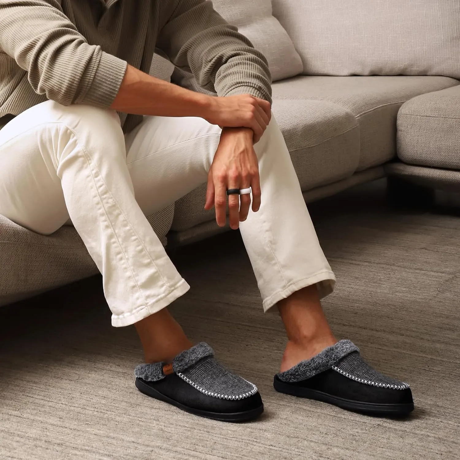 ATHMILE Men's Slippers Slip On Moccasin, Indoor Outdoor Warm Fuzzy Comfy House Shoes, Fluffy Wide Loafer Home Bedroom Slippers