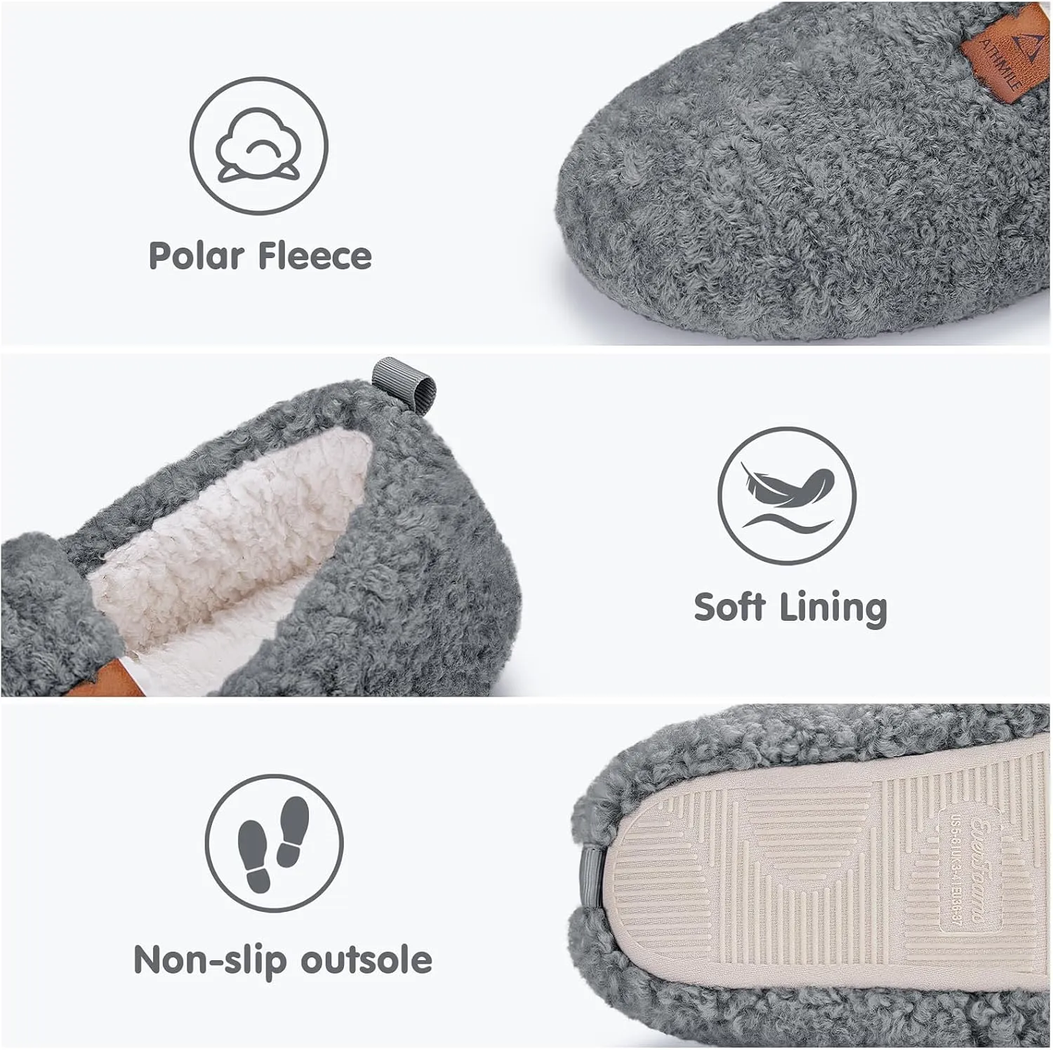 ATHMILE Women's Slippers Fuzzy Curly House Slippers Memory Foam Loafer with Polar Fleece Lining Indoor Outdoor
