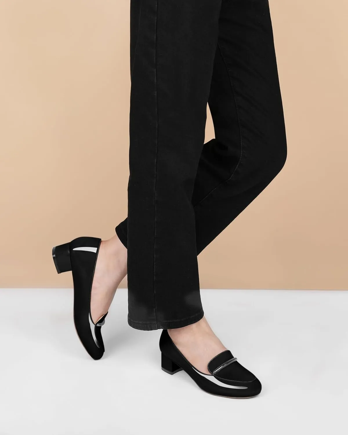 AUMOTED Women Low Block Chunky Heel Pumps Round Toe Slip On 1.5" Closed Toe Loafer Heels Chunky Office Dress Shoes