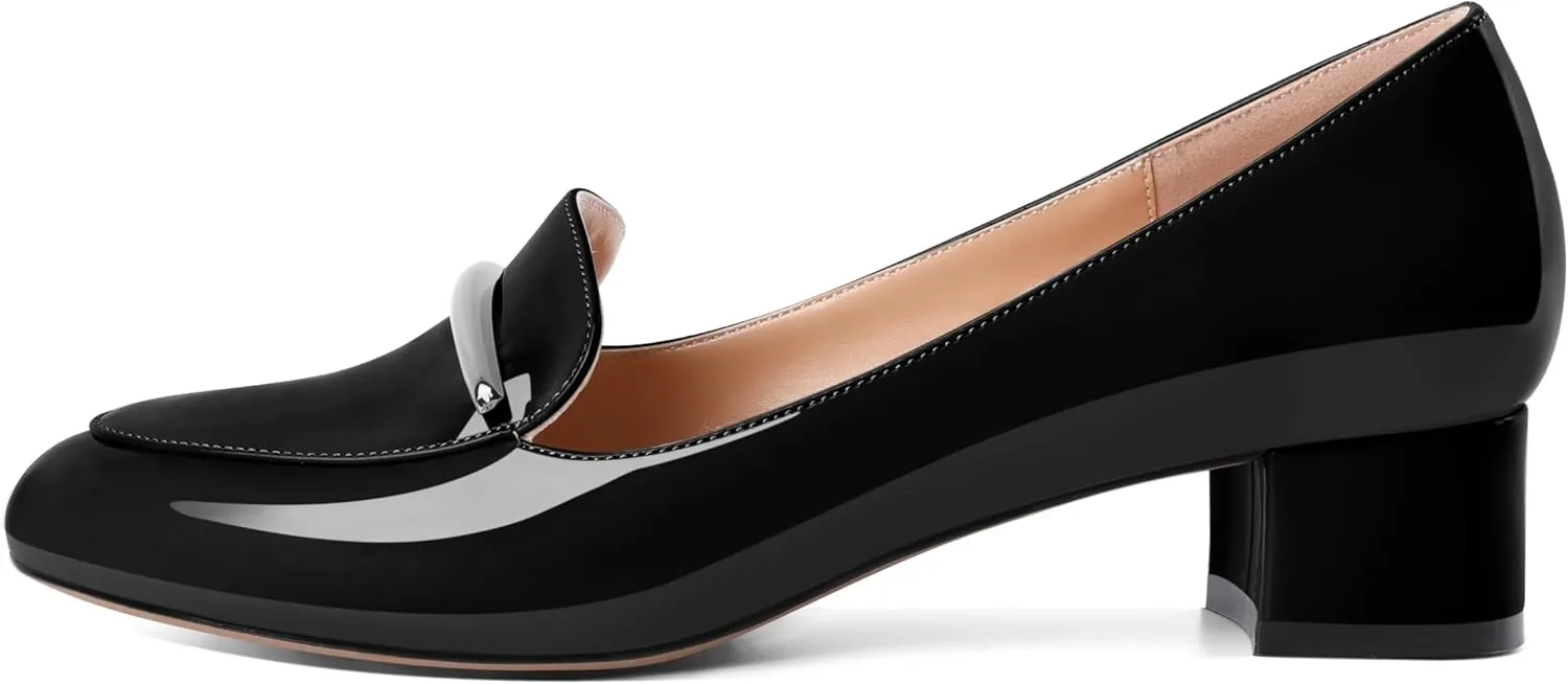 AUMOTED Women Low Block Chunky Heel Pumps Round Toe Slip On 1.5" Closed Toe Loafer Heels Chunky Office Dress Shoes