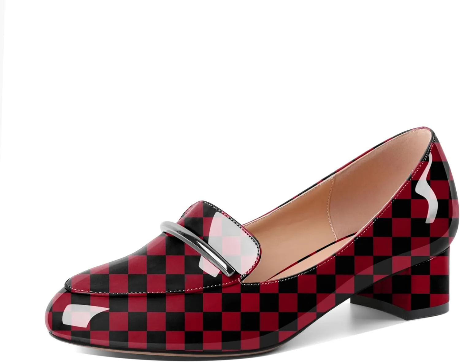 AUMOTED Women Low Block Chunky Heel Pumps Round Toe Slip On 1.5" Closed Toe Loafer Heels Chunky Office Dress Shoes