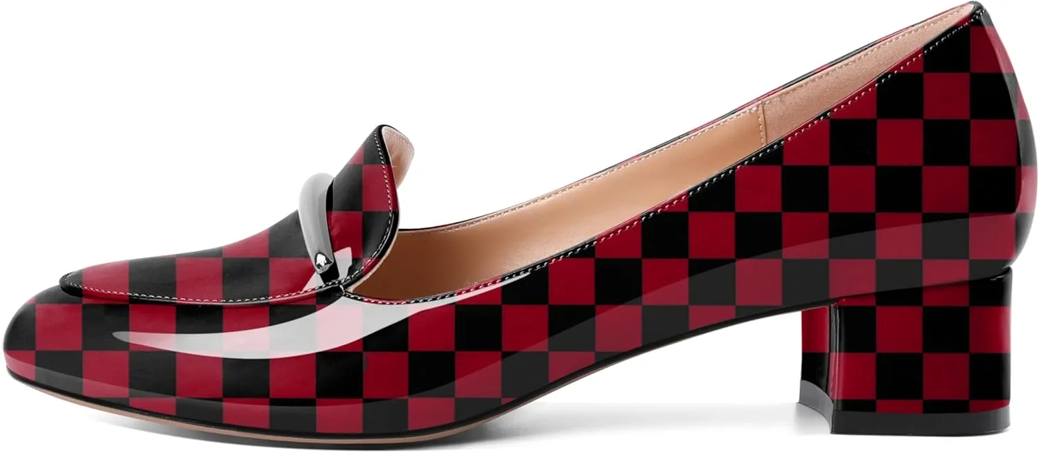 AUMOTED Women Low Block Chunky Heel Pumps Round Toe Slip On 1.5" Closed Toe Loafer Heels Chunky Office Dress Shoes