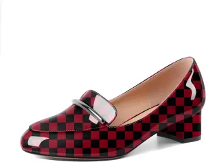 AUMOTED Women Low Block Chunky Heel Pumps Round Toe Slip On 1.5" Closed Toe Loafer Heels Chunky Office Dress Shoes