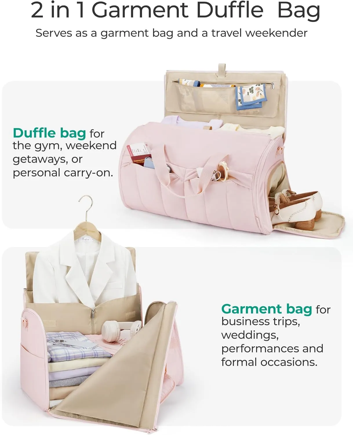 BAGSMART Garment Bags for Travel for Women Men Convertible 2 in 1 Puffy Suit Carrier for Hanging Clothes Carry on Garment Duffle Bag with Shoulder Strap, Light Pink