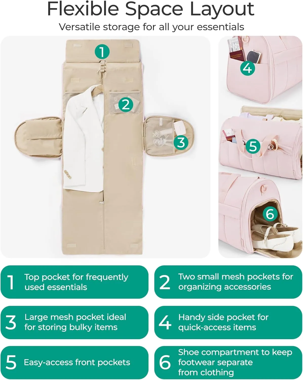 BAGSMART Garment Bags for Travel for Women Men Convertible 2 in 1 Puffy Suit Carrier for Hanging Clothes Carry on Garment Duffle Bag with Shoulder Strap, Light Pink