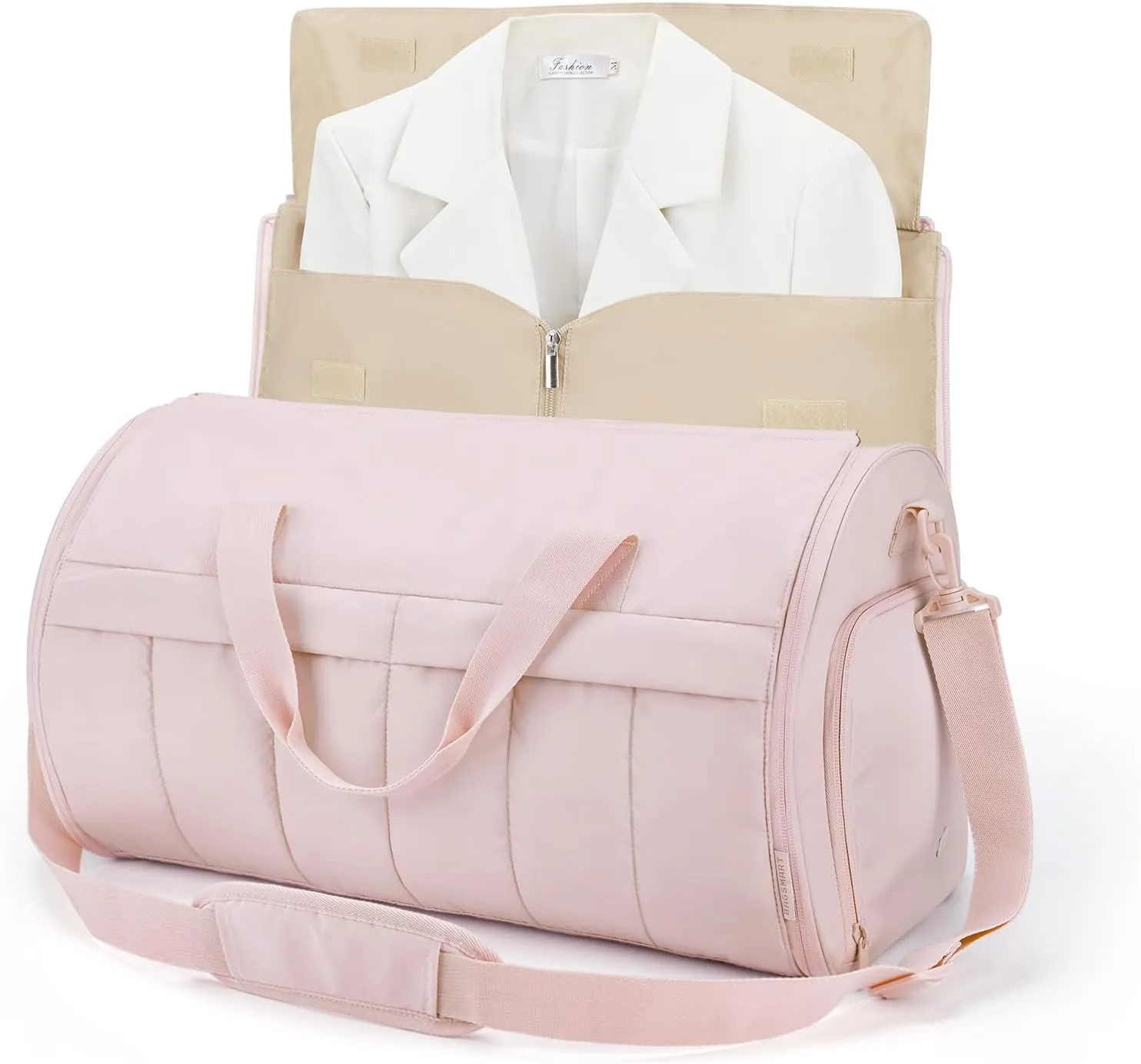 BAGSMART Garment Bags for Travel for Women Men Convertible 2 in 1 Puffy Suit Carrier for Hanging Clothes Carry on Garment Duffle Bag with Shoulder Strap, Light Pink