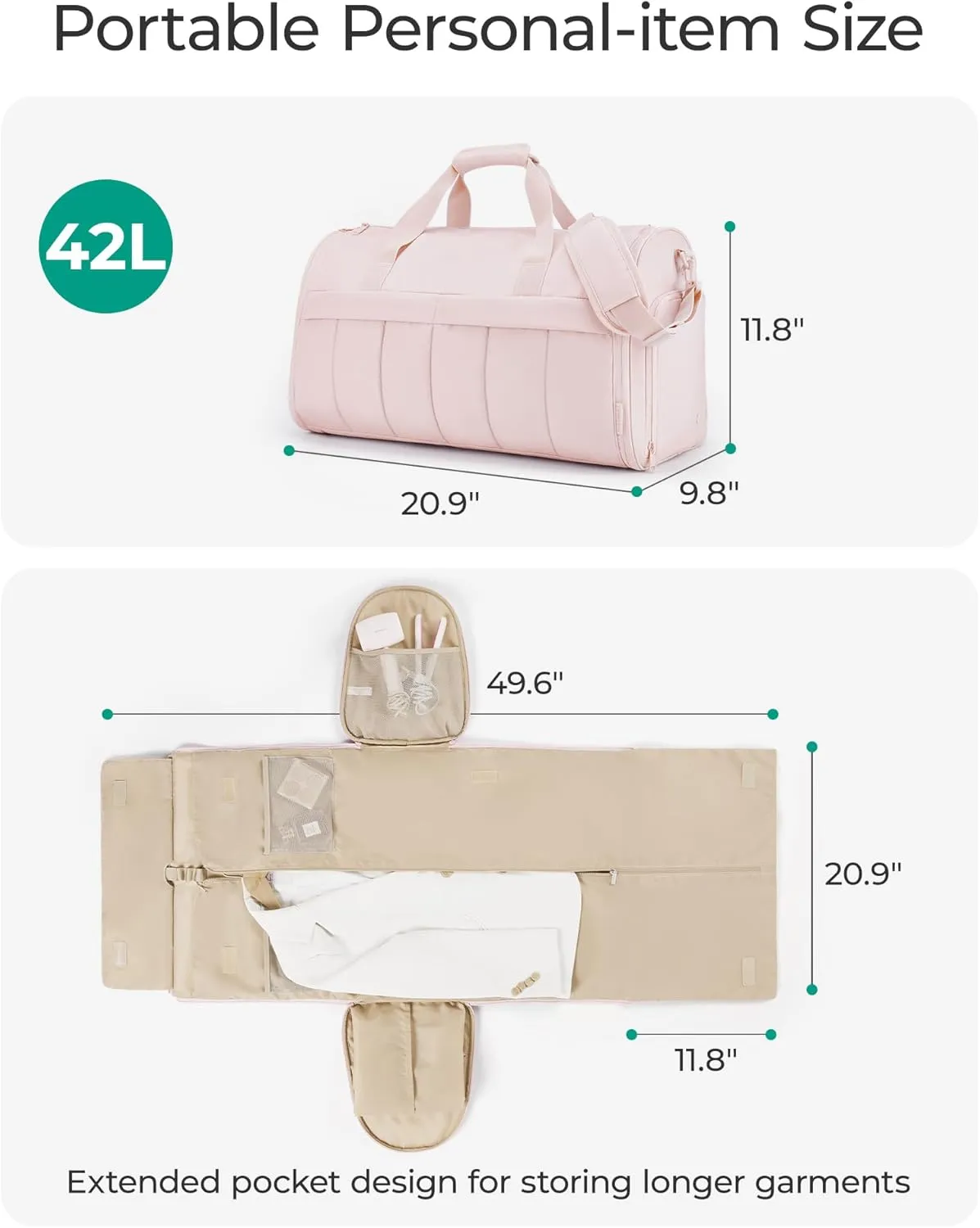 BAGSMART Garment Bags for Travel for Women Men Convertible 2 in 1 Puffy Suit Carrier for Hanging Clothes Carry on Garment Duffle Bag with Shoulder Strap, Light Pink