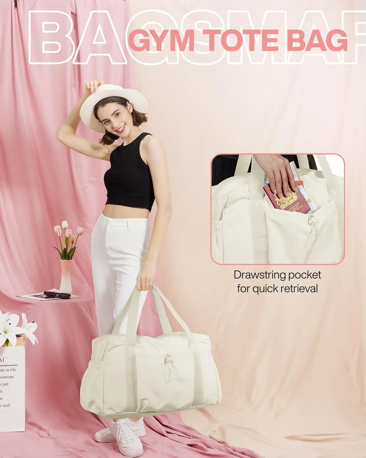 BAGSMART Weekender Bag for Women, Travel Duffle Bag with Shoe Bag for Travel, 26L Airport Carry On Overnight Bag Gym Tote Bag for Sports, Travel Essentials (Beige-unfoldable)
