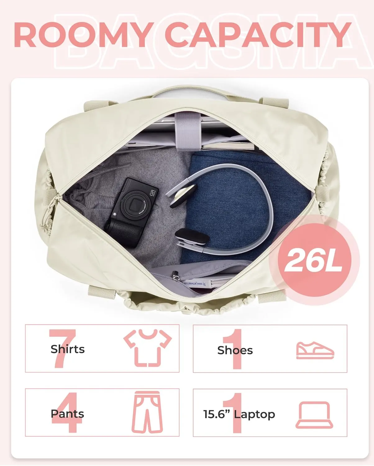 BAGSMART Weekender Bag for Women, Travel Duffle Bag with Shoe Bag for Travel, 26L Airport Carry On Overnight Bag Gym Tote Bag for Sports, Travel Essentials (Beige-unfoldable)
