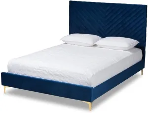 Baxton Studio Fabrico Contemporary Glam and Luxe Navy Blue Velvet Fabric Upholstered and Gold Metal King Size Platform Bed