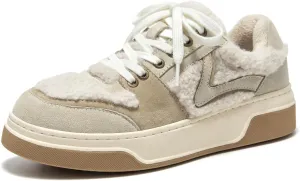 BEAU TODAY Winter Fashion Sneakers for Women, Women's Warm Fur Lined Platform Sneakers, Chunky Suede Leather Sneakers for Women, Casual Comfortable Lace-up Anti-Slip Outdoor Walking Shoes
