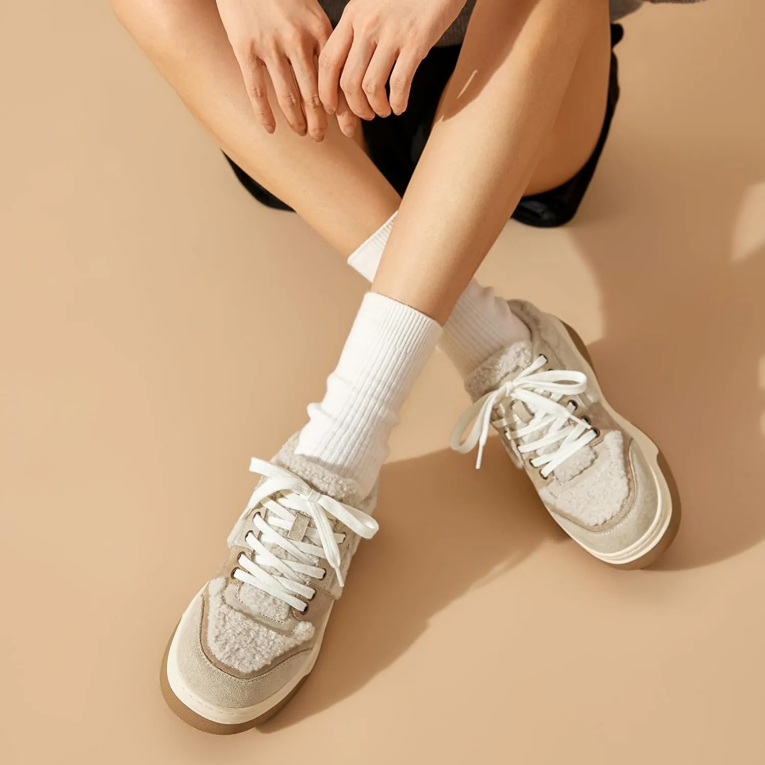 BEAU TODAY Winter Fashion Sneakers for Women, Women's Warm Fur Lined Platform Sneakers, Chunky Suede Leather Sneakers for Women, Casual Comfortable Lace-up Anti-Slip Outdoor Walking Shoes