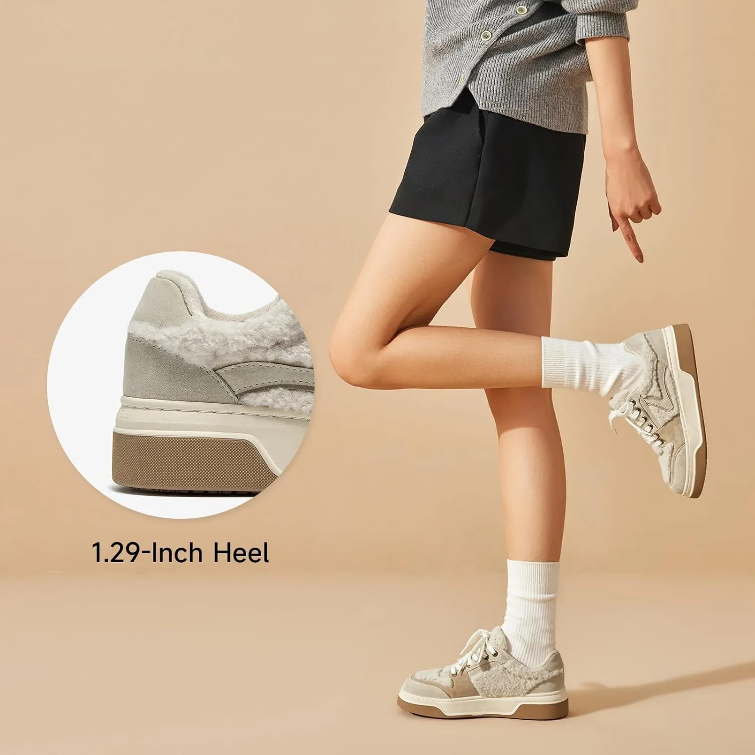 BEAU TODAY Winter Fashion Sneakers for Women, Women's Warm Fur Lined Platform Sneakers, Chunky Suede Leather Sneakers for Women, Casual Comfortable Lace-up Anti-Slip Outdoor Walking Shoes