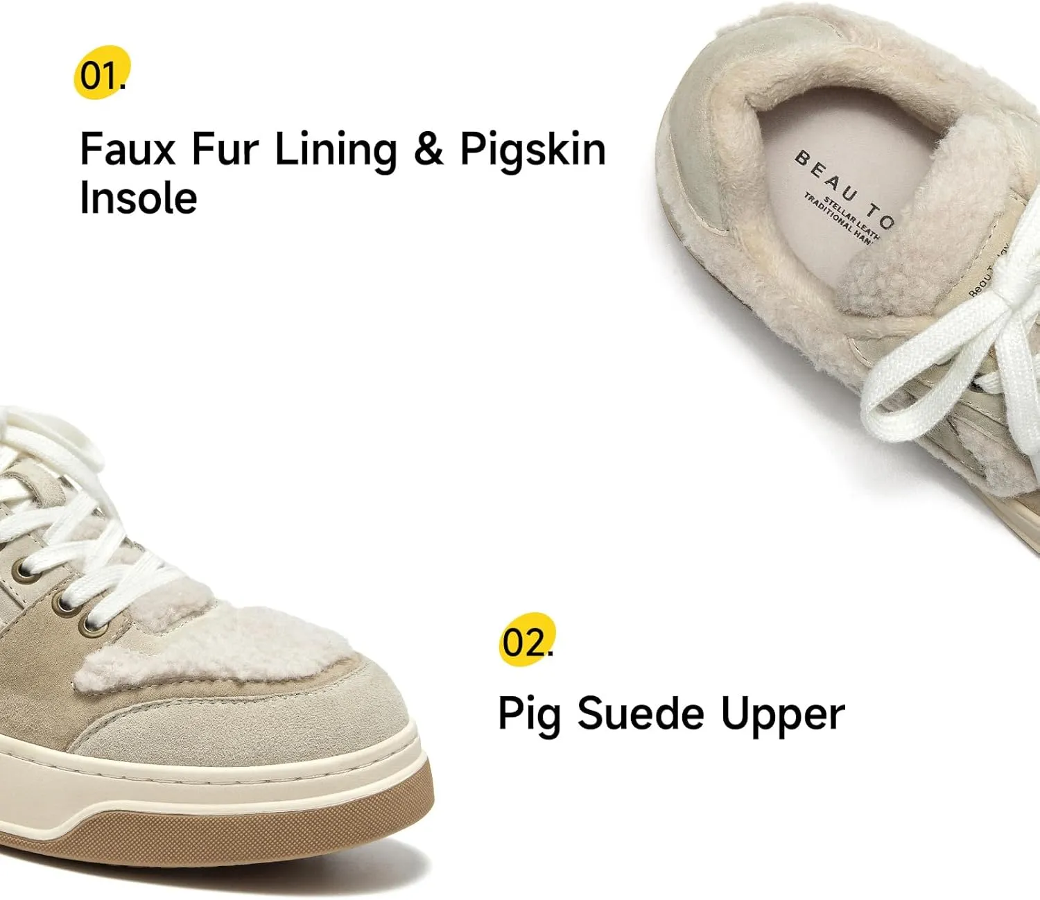 BEAU TODAY Winter Fashion Sneakers for Women, Women's Warm Fur Lined Platform Sneakers, Chunky Suede Leather Sneakers for Women, Casual Comfortable Lace-up Anti-Slip Outdoor Walking Shoes