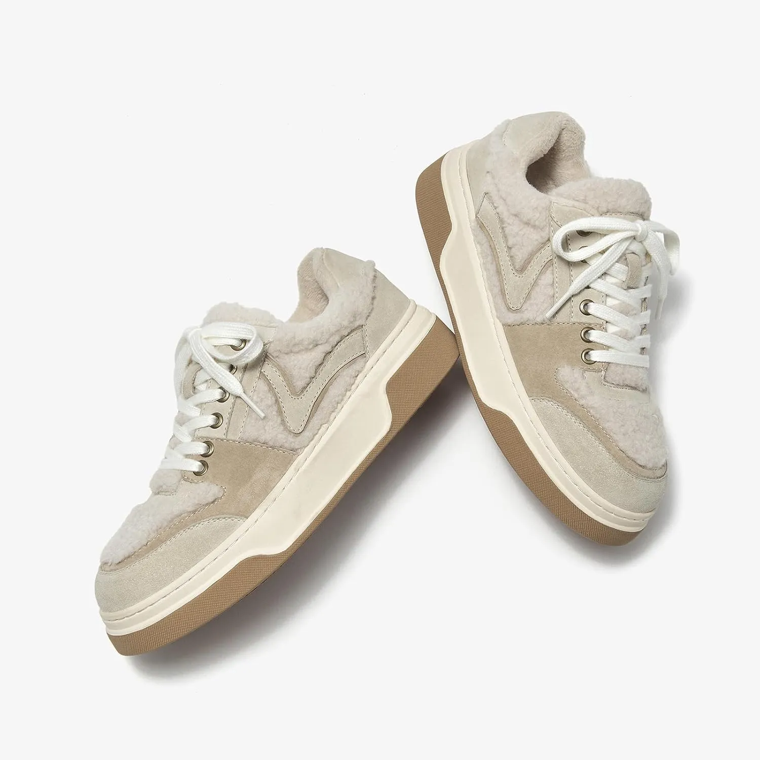 BEAU TODAY Winter Fashion Sneakers for Women, Women's Warm Fur Lined Platform Sneakers, Chunky Suede Leather Sneakers for Women, Casual Comfortable Lace-up Anti-Slip Outdoor Walking Shoes