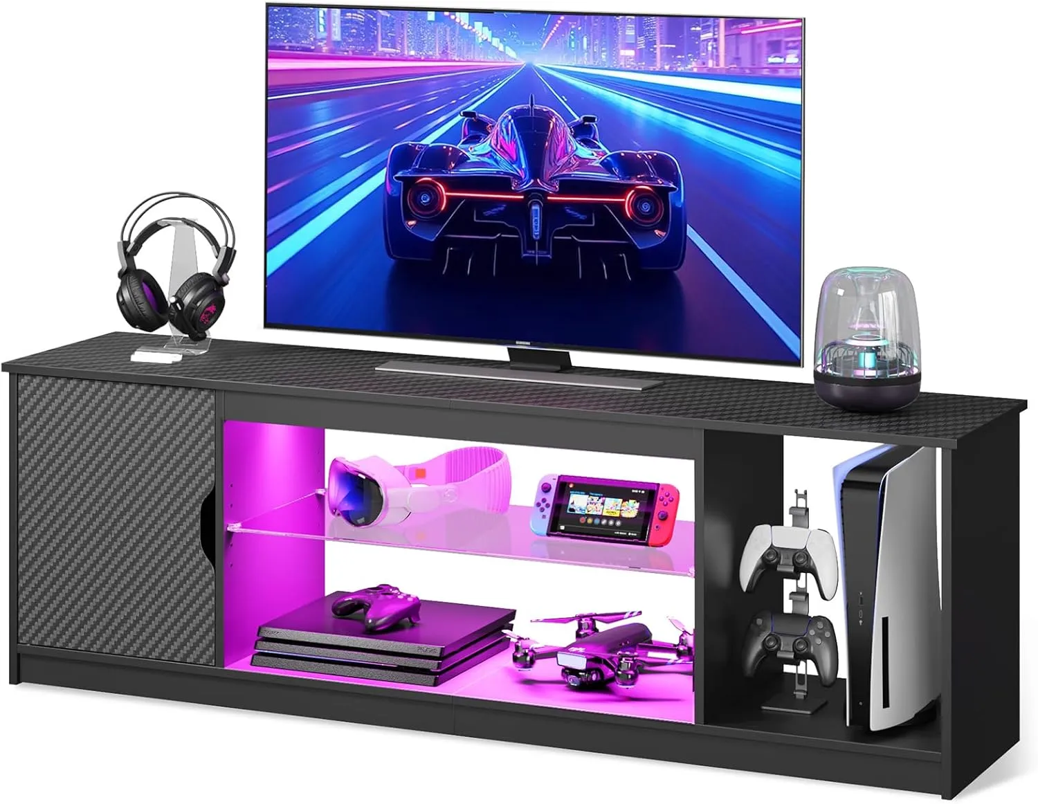 Bestier LED TV Stand for 55/60/65 Inch TV, Gaming Entertainment Center with Cabinet for PS5, Xbox,Modern TV Cabinet with Adjustable Glass Shelves for Living Room, Bedroom 57 Inch,Black