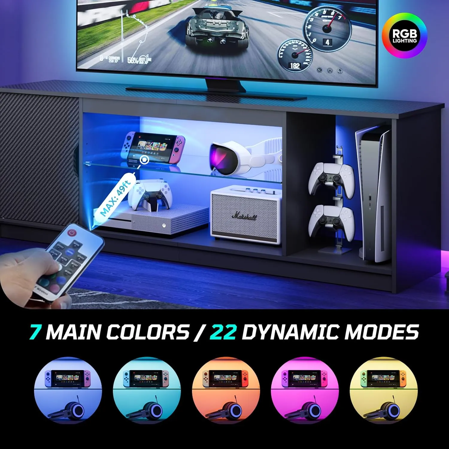 Bestier LED TV Stand for 55/60/65 Inch TV, Gaming Entertainment Center with Cabinet for PS5, Xbox,Modern TV Cabinet with Adjustable Glass Shelves for Living Room, Bedroom 57 Inch,Black