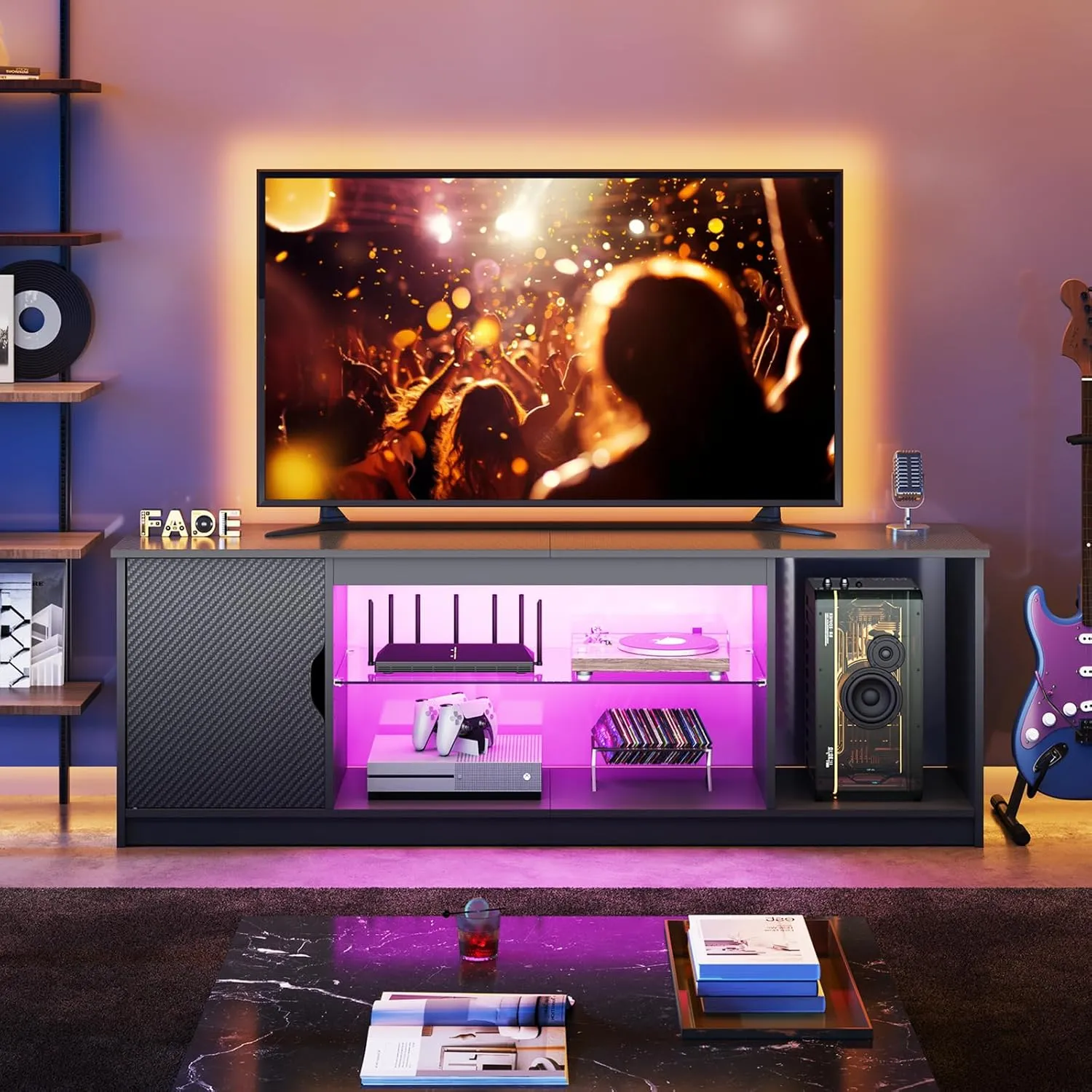 Bestier LED TV Stand for 55/60/65 Inch TV, Gaming Entertainment Center with Cabinet for PS5, Xbox,Modern TV Cabinet with Adjustable Glass Shelves for Living Room, Bedroom 57 Inch,Black