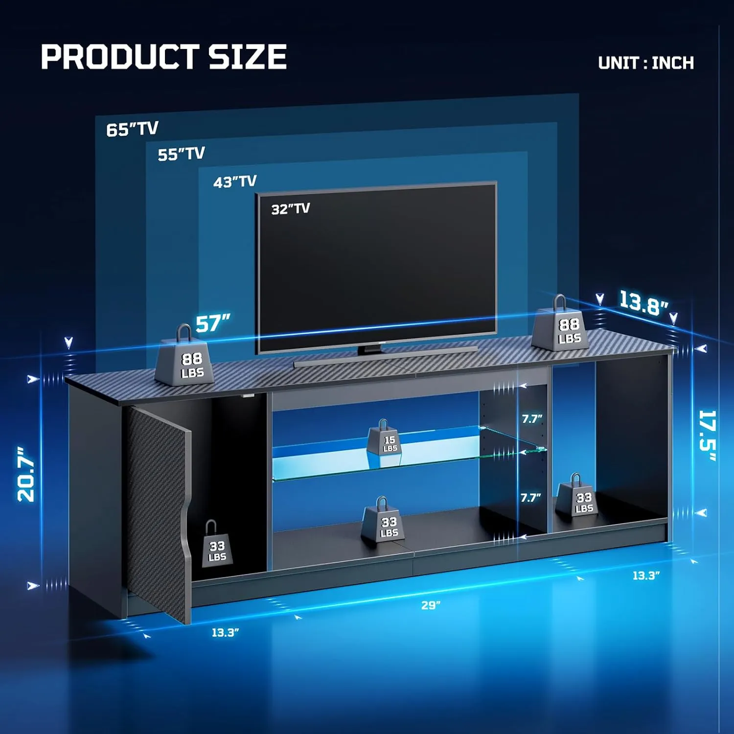 Bestier LED TV Stand for 55/60/65 Inch TV, Gaming Entertainment Center with Cabinet for PS5, Xbox,Modern TV Cabinet with Adjustable Glass Shelves for Living Room, Bedroom 57 Inch,Black