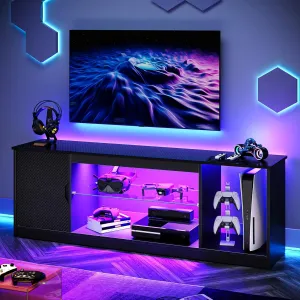 Bestier LED TV Stand for 55/60/65 Inch TV, Gaming Entertainment Center with Cabinet for PS5, Xbox,Modern TV Cabinet with Adjustable Glass Shelves for Living Room, Bedroom 57 Inch,Black