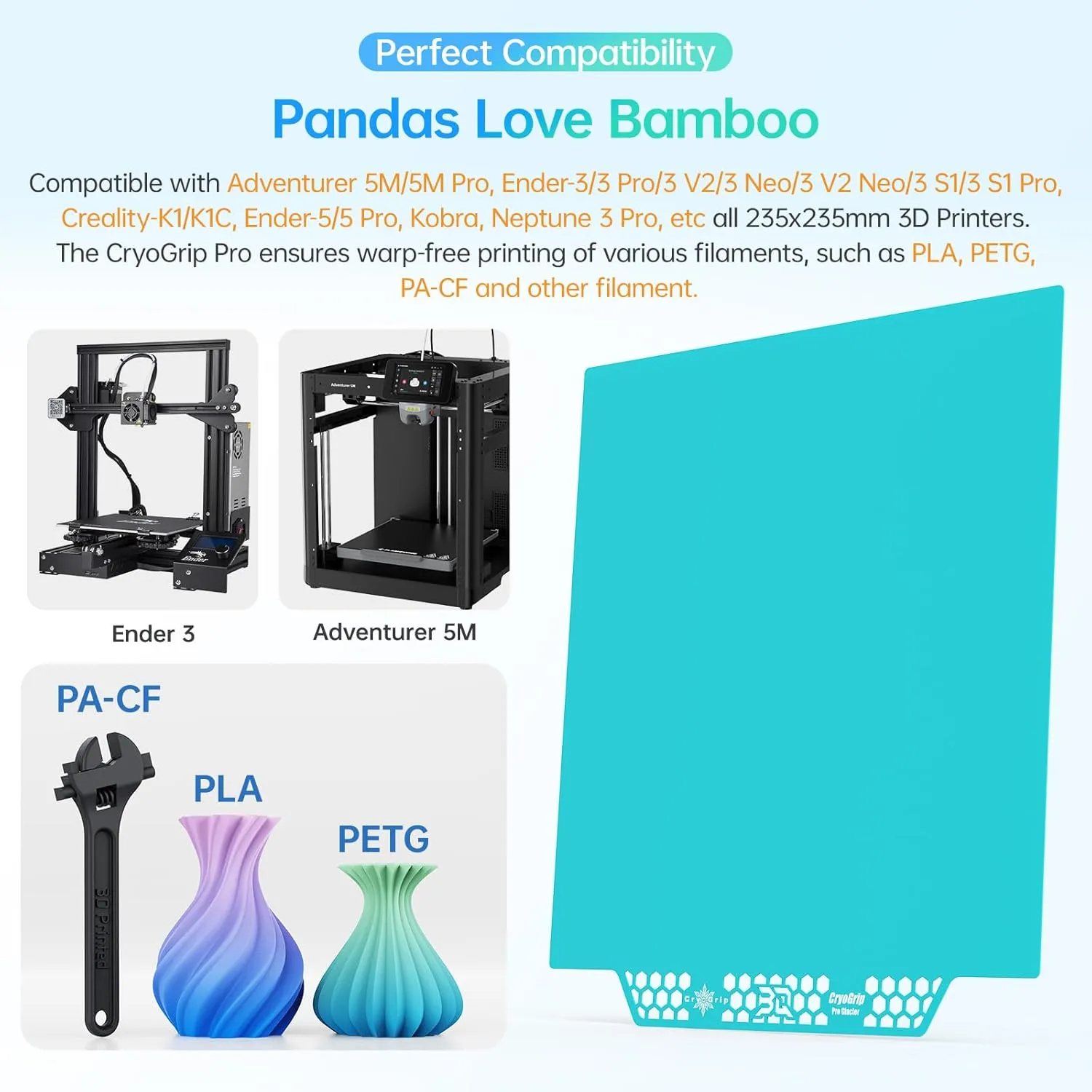 BIQU Cryogrip Pro Glacier 235x235MM Panda Build Plate for Adventurer 5M/5M Pro, Ender-3/3 Pro/3 V2/3 Neo/3 V2 Neo/3 S1/3 S1 Pro, Creality-K1/K1C, Ender-5/5 Pro, Kobra, Neptune 3 Pro, etc. 3D Printers
