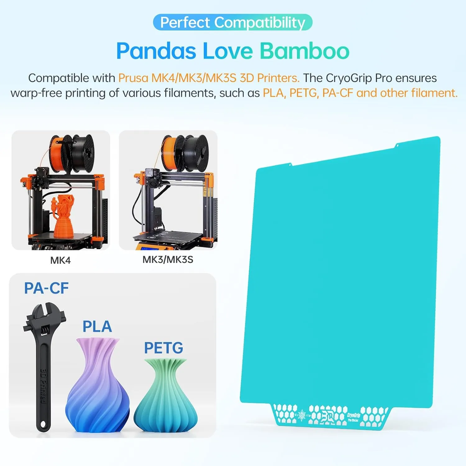 BIQU Cryogrip Pro Glacier Panda Build Plate 254.5x241.5MM for Prusa MK4/MK3/MK3S 3D Printer