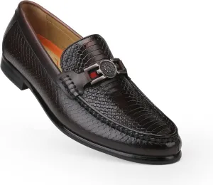 Black Mens Leather Dress Shoes, Premium Crocodile Print Moc-Toe Slip-on Loafer with Metal Buckle Penny Shoes for Mens