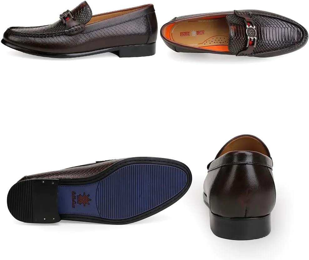 Black Mens Leather Dress Shoes, Premium Crocodile Print Moc-Toe Slip-on Loafer with Metal Buckle Penny Shoes for Mens