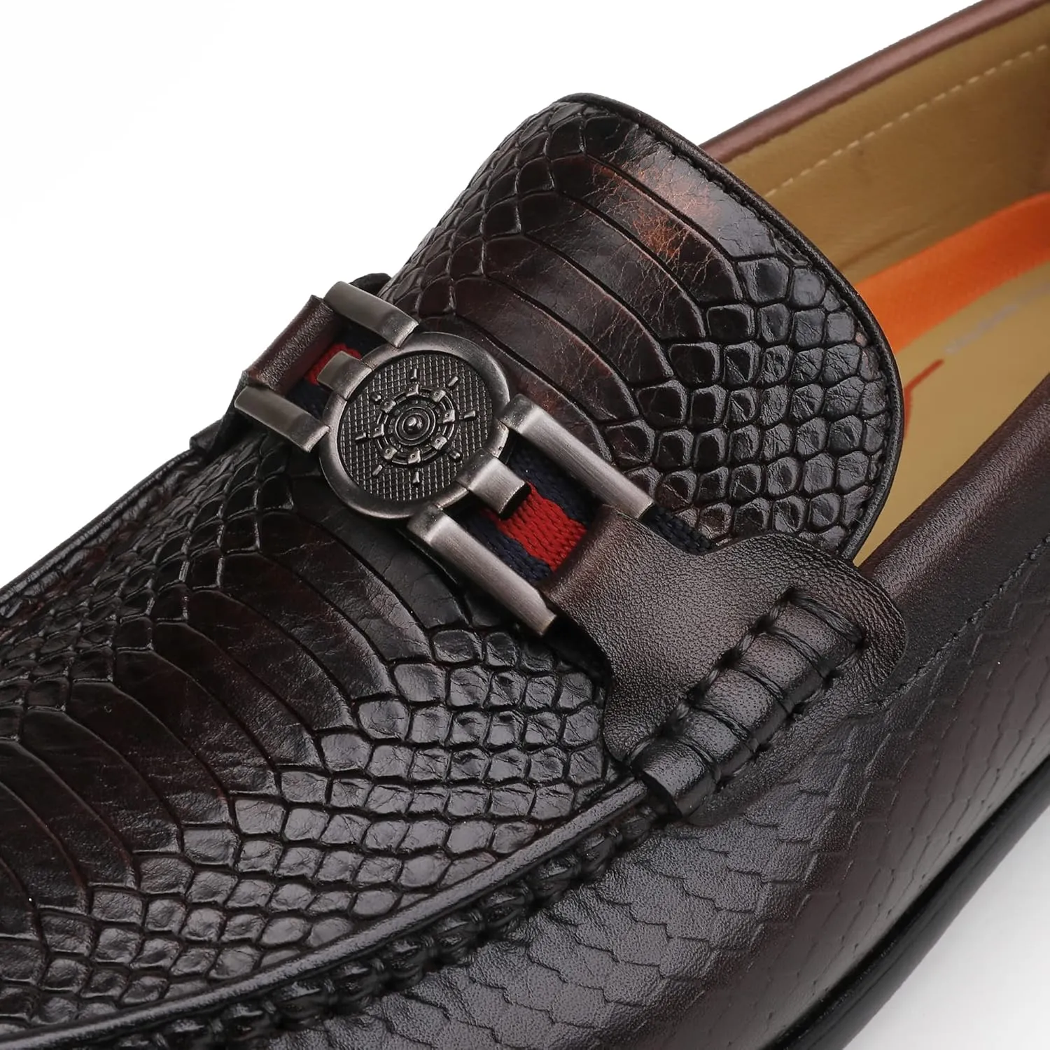 Black Mens Leather Dress Shoes, Premium Crocodile Print Moc-Toe Slip-on Loafer with Metal Buckle Penny Shoes for Mens