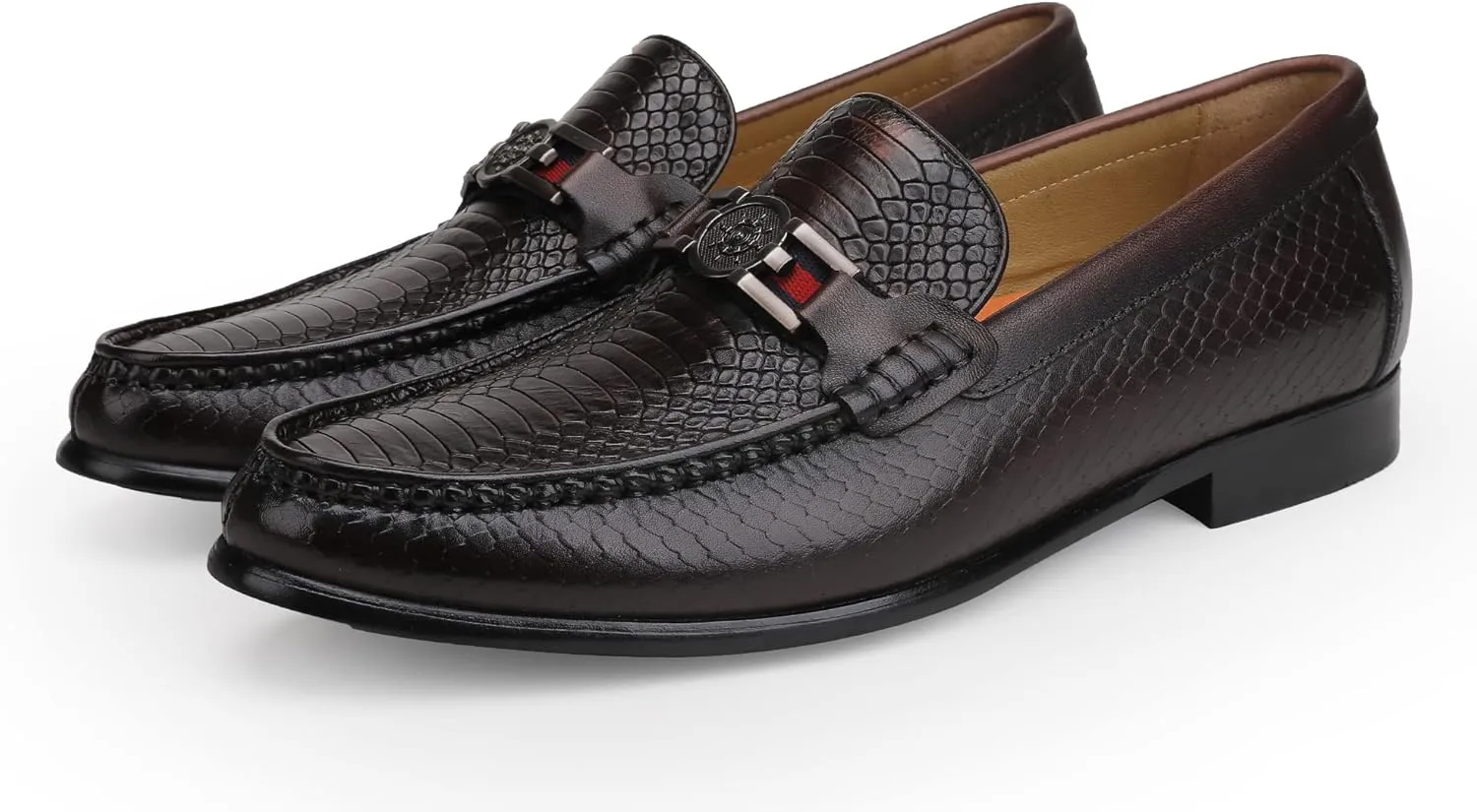 Black Mens Leather Dress Shoes, Premium Crocodile Print Moc-Toe Slip-on Loafer with Metal Buckle Penny Shoes for Mens