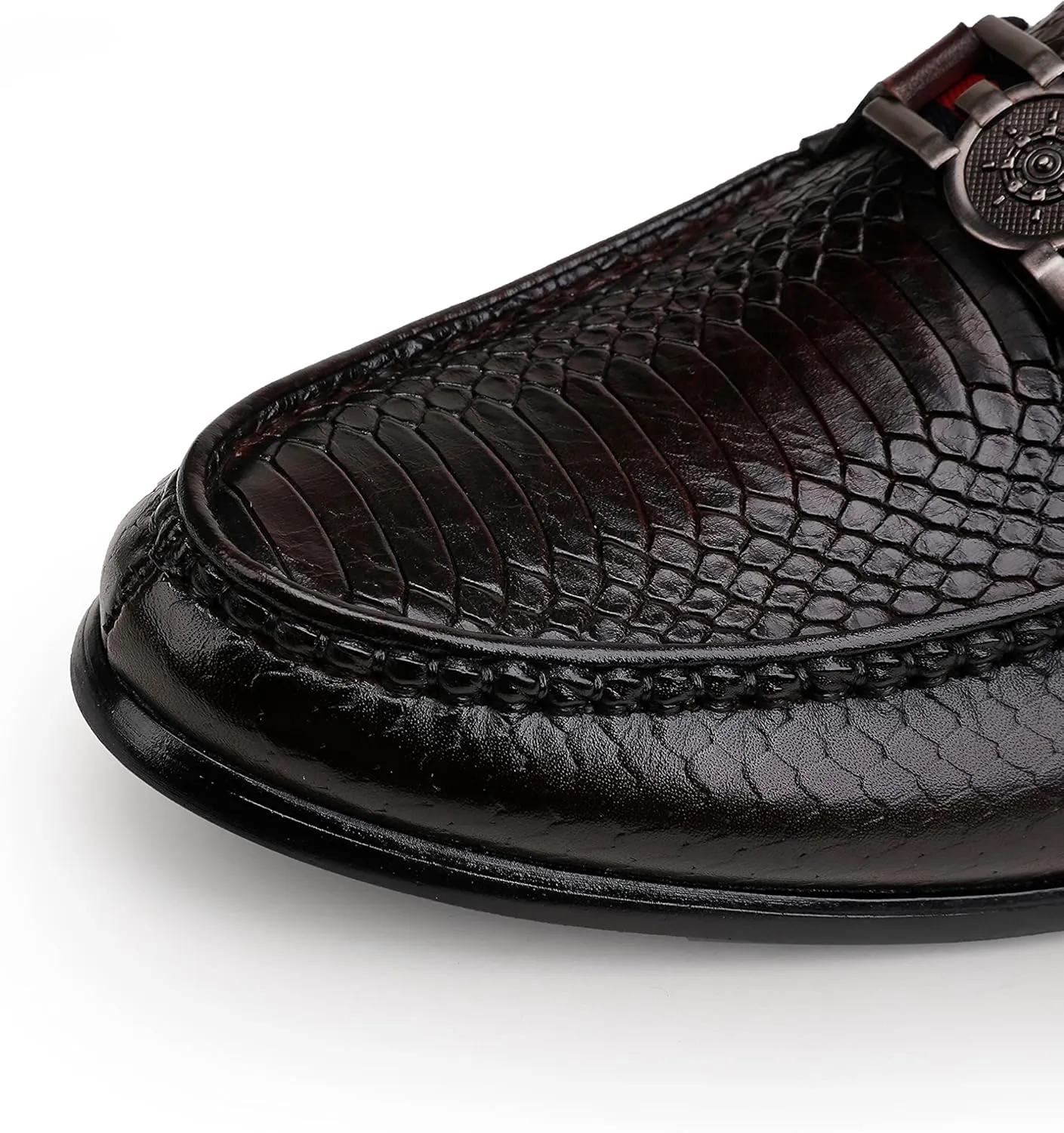 Black Mens Leather Dress Shoes, Premium Crocodile Print Moc-Toe Slip-on Loafer with Metal Buckle Penny Shoes for Mens