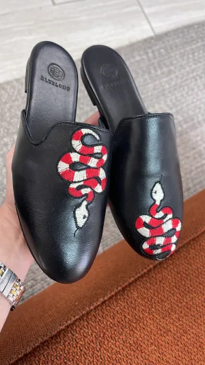 Blublonc Black Snake Embroidred Mule