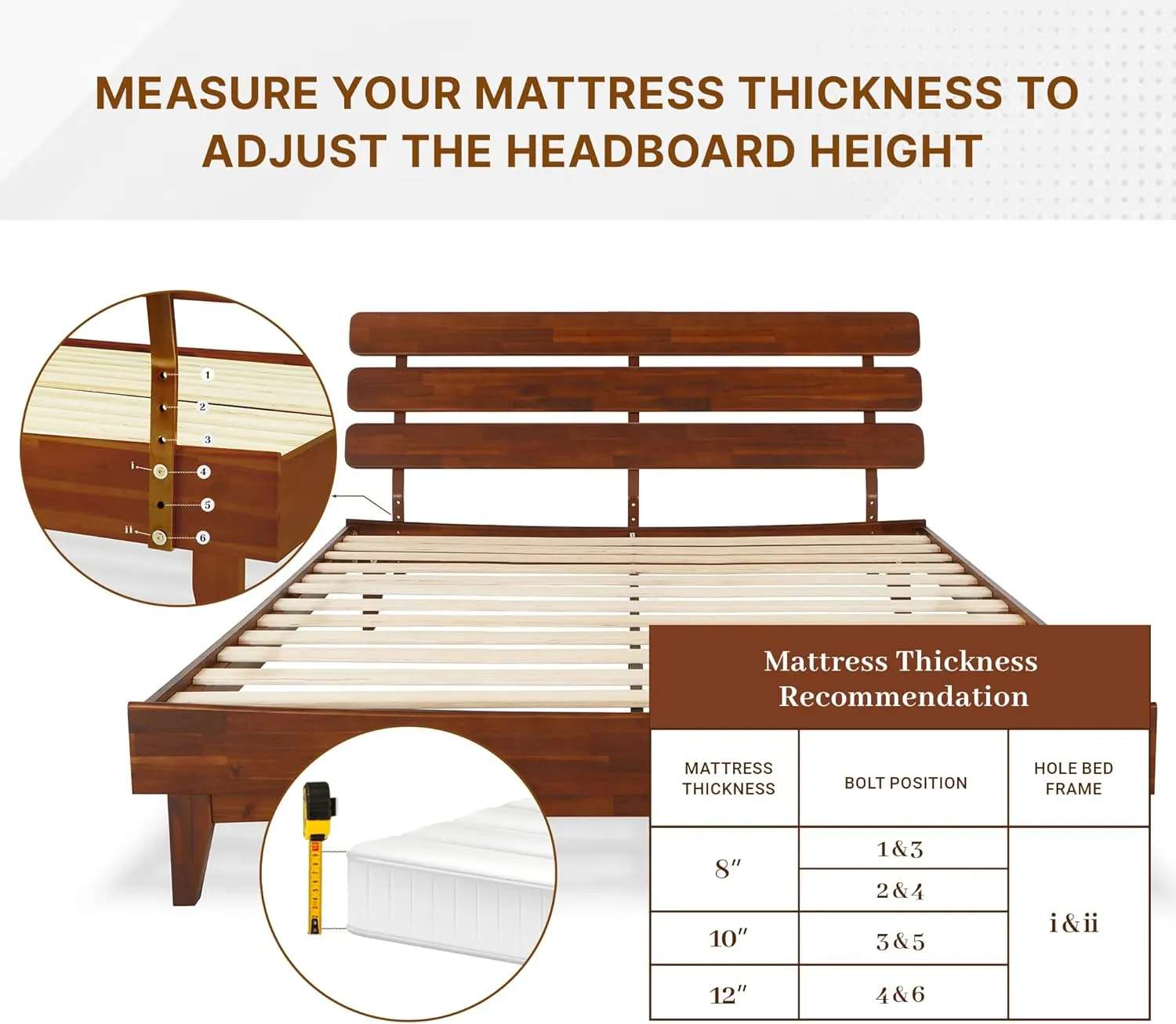 Bme Caden 15 Inch Deluxe Bed Frame with Adjustable Headboard - Mid Century, Retro Style with Acacia Wood - No Box Spring Needed - 12 Strong Wood Slat Support - Easy Assembly - Dark Chocolate, King