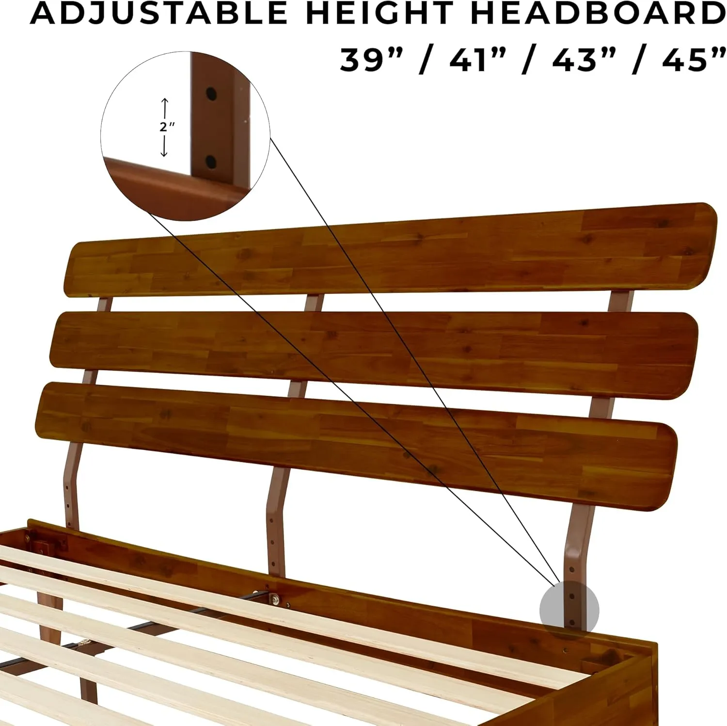 Bme Caden 15 Inch Deluxe Bed Frame with Adjustable Headboard - Mid Century, Retro Style with Acacia Wood - No Box Spring Needed - 12 Strong Wood Slat Support - Easy Assembly - Dark Chocolate, King