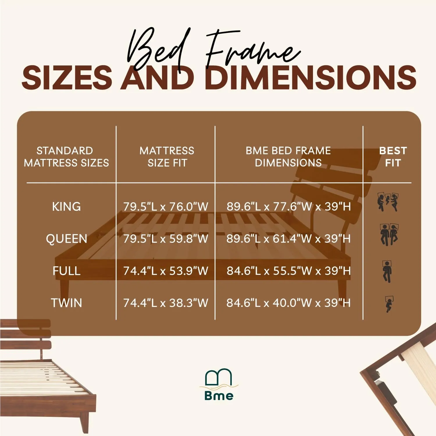 Bme Caden 15 Inch Deluxe Bed Frame with Adjustable Headboard - Mid Century, Retro Style with Acacia Wood - No Box Spring Needed - 12 Strong Wood Slat Support - Easy Assembly - Dark Chocolate, King