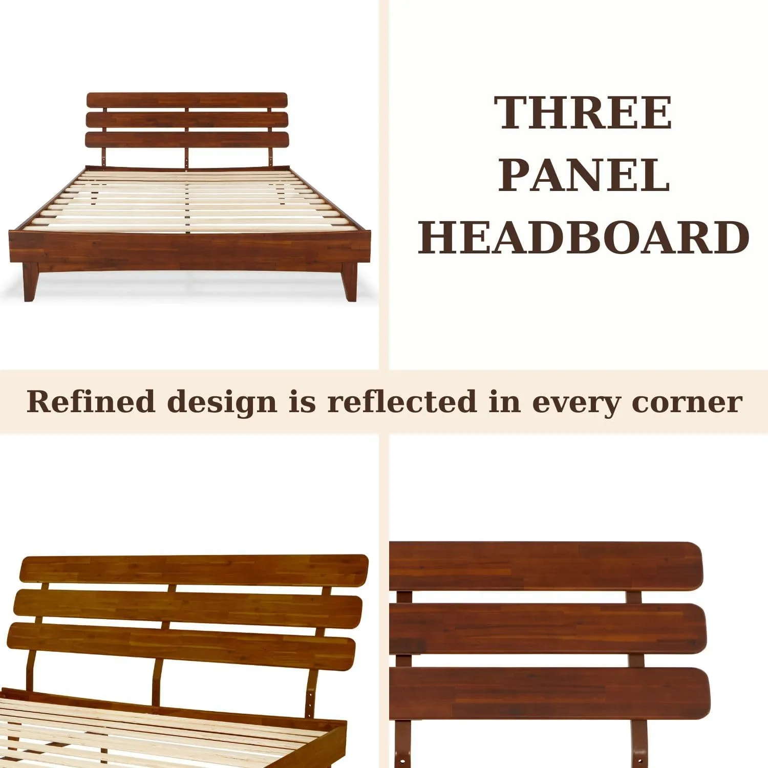 Bme Caden 15 Inch Deluxe Bed Frame with Adjustable Headboard - Mid Century, Retro Style with Acacia Wood - No Box Spring Needed - 12 Strong Wood Slat Support - Easy Assembly - Dark Chocolate, King
