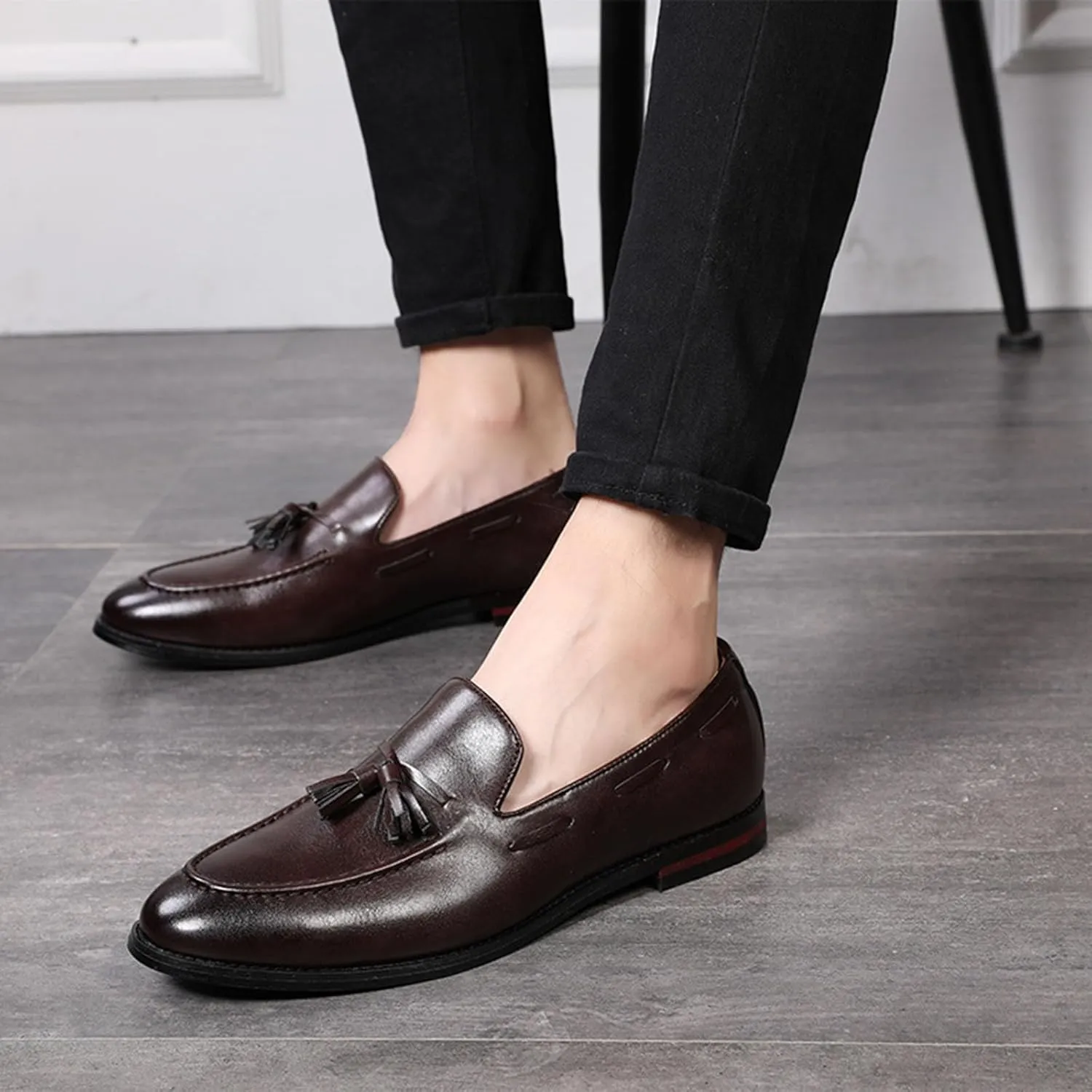 ByErz Men Leather Noble Loafer Shoes Slip-On Loafer Smoking Slipper Tassel Casual Formal Office Shoes