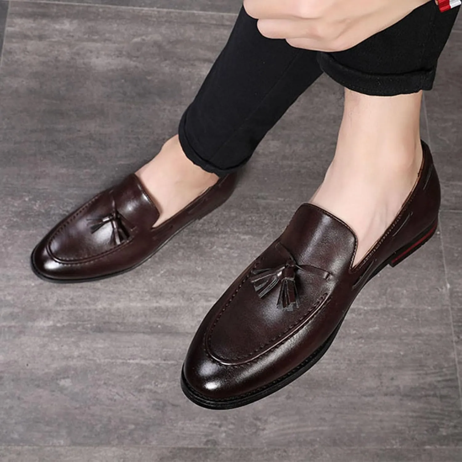 ByErz Men Leather Noble Loafer Shoes Slip-On Loafer Smoking Slipper Tassel Casual Formal Office Shoes