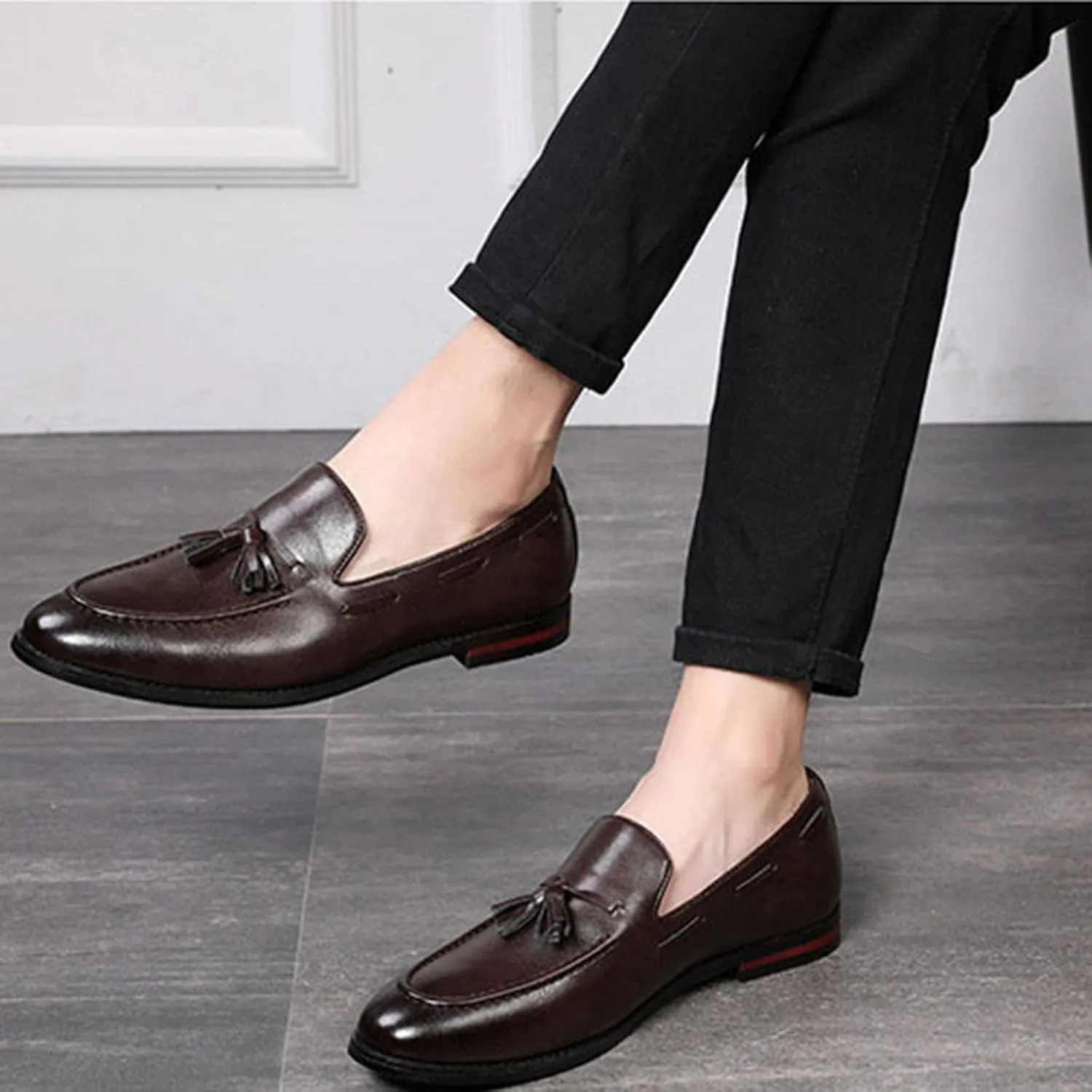 ByErz Men Leather Noble Loafer Shoes Slip-On Loafer Smoking Slipper Tassel Casual Formal Office Shoes