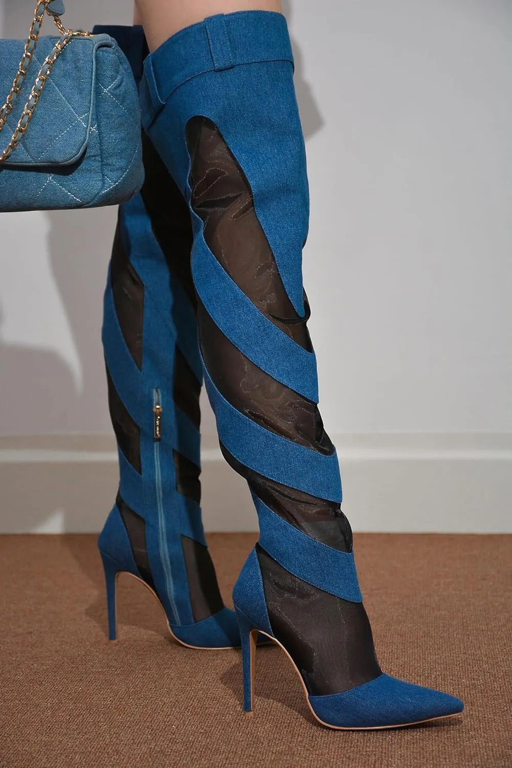 Cape Robbin Mesh Denim Thigh High Boots for Women - Over Knee Boots - Blue Thigh High Boots (Mandali)