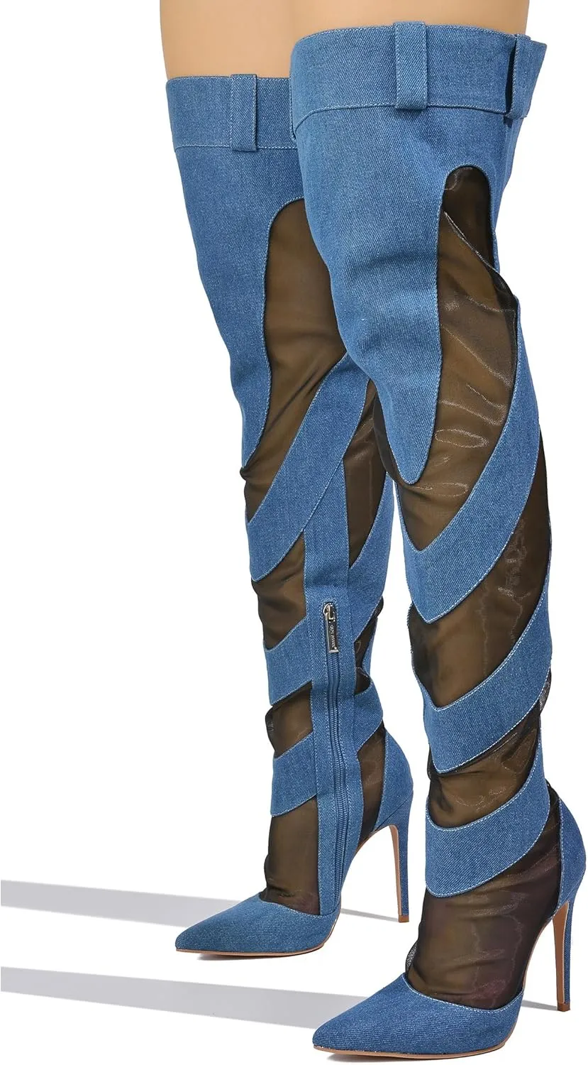 Cape Robbin Mesh Denim Thigh High Boots for Women - Over Knee Boots - Blue Thigh High Boots (Mandali)